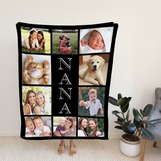 Nana Photo Collage Personalized Black Fleece Deken