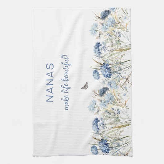 Nana’s Moederdag Stoffige Blauwe Wildbloemen Theedoek (Verticaal)