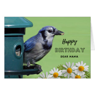 Nana-verjaardag Blauwe Gaai op Vogelveerbak Madeli