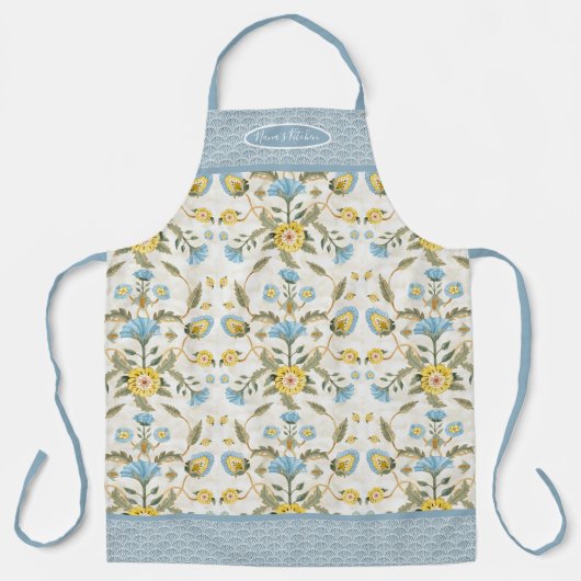 Nanas Keuken Blauw n Geel  Bloemen Scallop Schort (Voorkant)