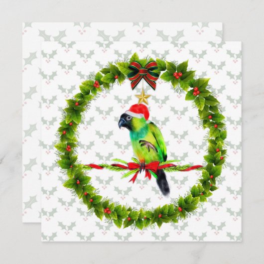 Nanday Conure Santa met Holly Leaves en Wreate Feestdagenkaart (Voorkant / Achterkant)