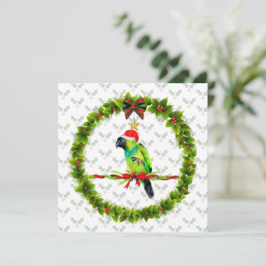 Nanday Conure Santa met Holly Leaves en Wreate Feestdagenkaart (Staand voorkant)