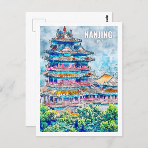 Nanjing China Beroemde Reisplaats Waterverf Briefkaart