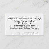 NANNY/BABYSITTER SERVICES VISITEKAARTJE (Achterkant)