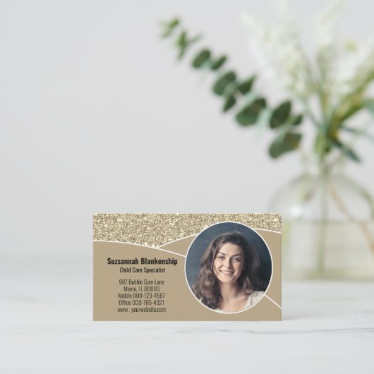 Nanny Custom Photo Faux Gold Glitter QR Code Visitekaartje (Staand voorkant)