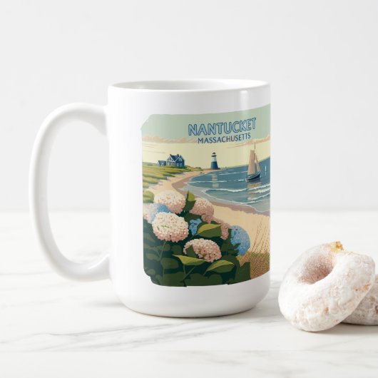 Nantucket Beach Hydrangeas Lighthouse Boat Retro Koffiemok (Met donut)