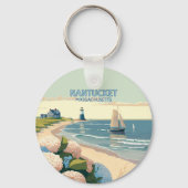 Nantucket Beach Hydrangeas Lighthouse Boat Retro Sleutelhanger (Achterkant)