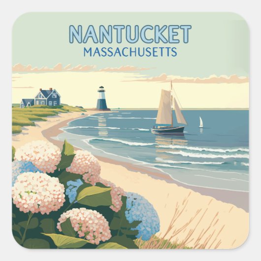 Nantucket Beach Hydrangeas Lighthouse Boat Retro Vierkante Sticker (Voorkant)