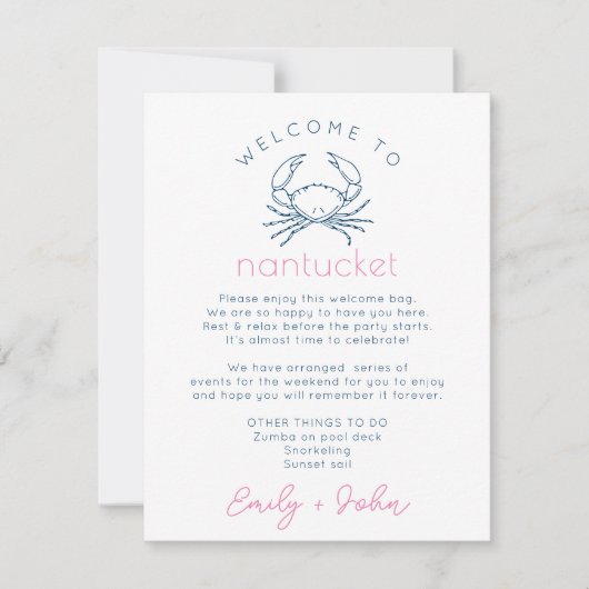 Nantucket Bruiloft Welkomsttas Reisschema Notitiekaartje (Voorkant)