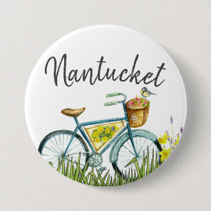 Nantucket fiets met bloemmandje ronde button 7,6 cm