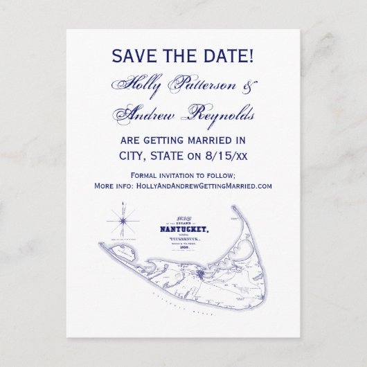 Nantucket Island MA  Map Navy Blue Aankondigingskaart (Voorkant)