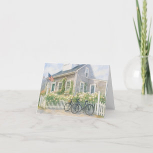 Nantucket Waterverf Coastal Cottage met Bloemen Bedankkaart