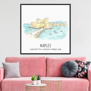 Napels Italië Reis Kunst: Castel dell'Ovo Watercol Canvas Afdruk