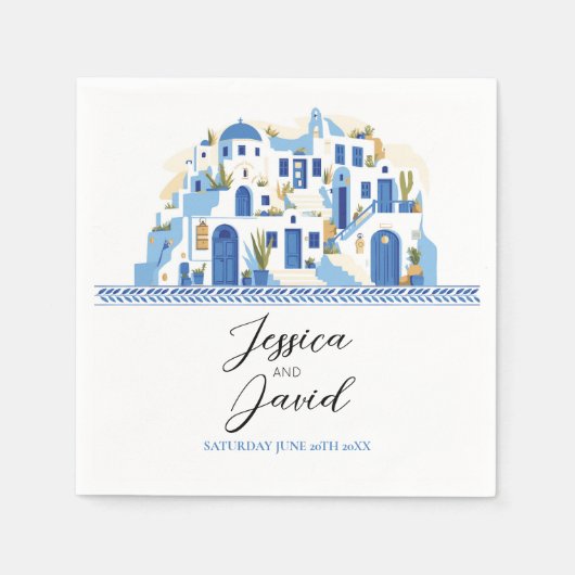 Napkins Trouwnamen Santorini Griekenland Blauw Wit Servet (Voorkant)