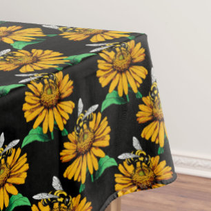 Nappe Abeille sur Tournesol Fleur Motif Design Noir
