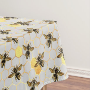 Nappe Abeilles sur motif de nid d'abeille jaune or gris
