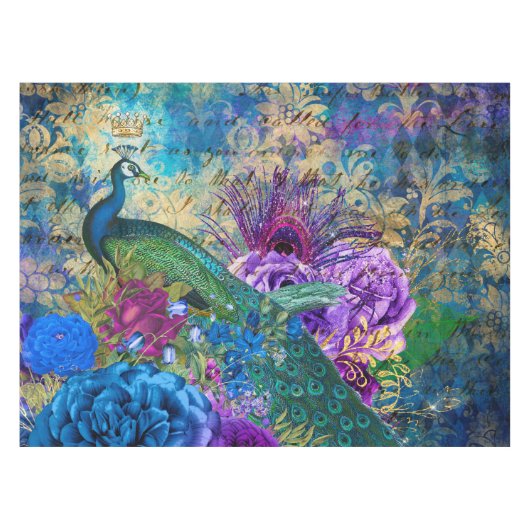 Nappe Antique Peacock Illustré & Fleurs Grunge (Devant (Horizontal))