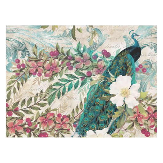 Nappe Antique Peacock Illustré & Fleurs Grunge (Devant (Horizontal))