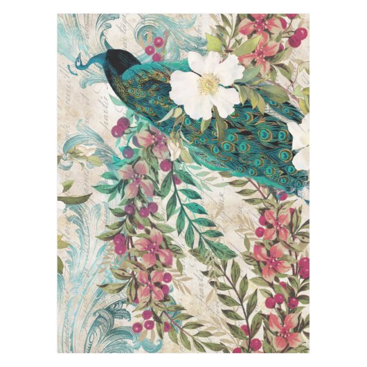 Nappe Antique Peacock Illustré & Fleurs Grunge (Devant)