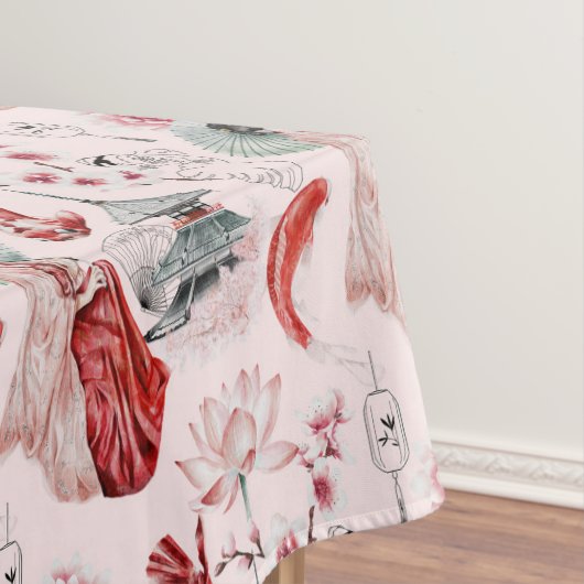 Nappe Aquarelle Japonaise Pagode Lotus Koi Poisson (In Situ)