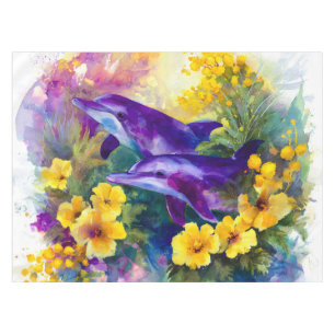 Nappe Aquarelle Océan Dauphins Fleurs Tropicales