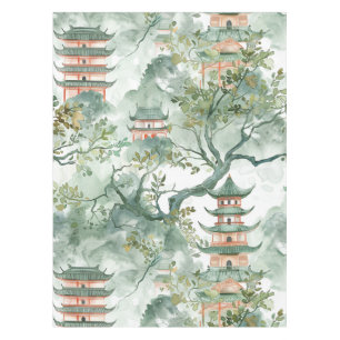 Nappe Aquarelle Pagode asiatique dans paysage verdoyant 