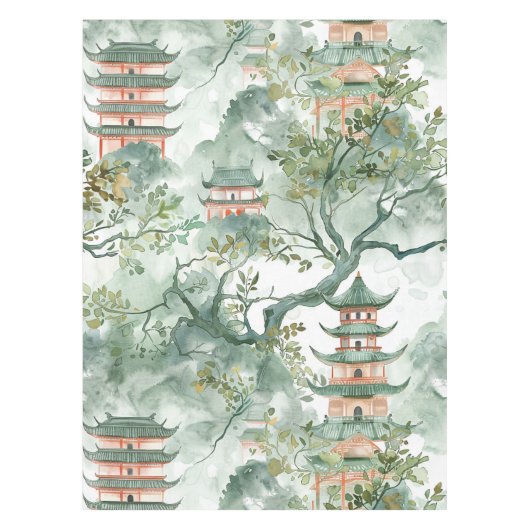 Nappe Aquarelle Pagode asiatique dans paysage verdoyant  (Devant)