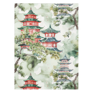 Nappe Aquarelle Pagode asiatique dans paysage verdoyant