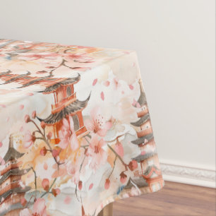 Nappe Aquarelle Pagode chinoise avec fleurs de cerisiers