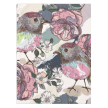 Aquarelle Pastel Oiseaux et fleurs roses