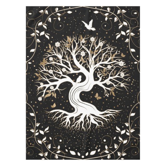 Nappe Arbre de vie - Yggdrasil - noir blanc et or (Devant)