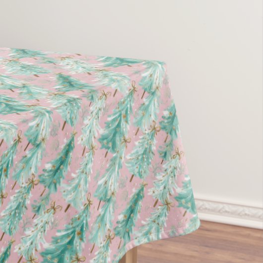 Nappe Arbres de Noël sarcelle fantaisistes sur rose (In Situ)