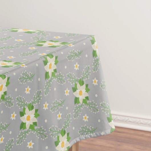Nappe Blanc Poinsettias Vert Feuilles Noël sur Gris (In Situ)