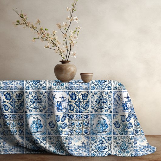 Nappe Bleu Chic toile blanche de jouy Poupées et fleurs
