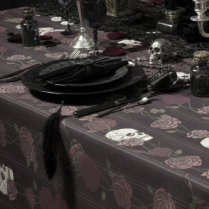 Nappe Bourgogne foncé Gothique Crâne et rayures de roses