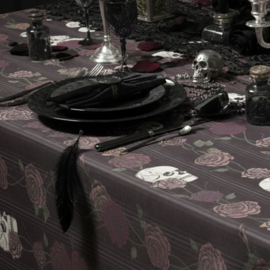 Nappe Bourgogne foncé Gothique Crâne et rayures de roses