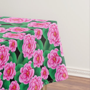Nappe Camellias rose Fuchsia et Feuilles verts Jade