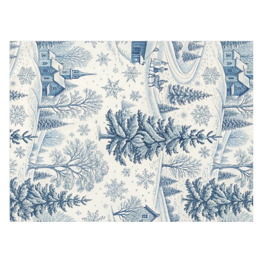 Nappe Charme Bleu Blanc hiver Noël Village neige (Devant (Horizontal))