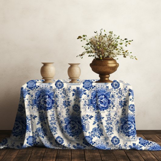 Nappe Chic Bleu blanc à fleurs chinoiserie toile monogra