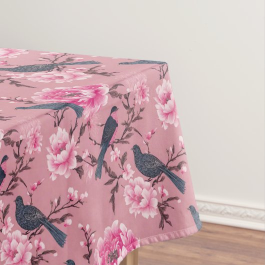 Nappe Chinoiserie rose oiseau coton fleuri dîner (In Situ)