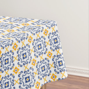 Nappe Citron frais jaune et bleu sur blanc méditerranéen