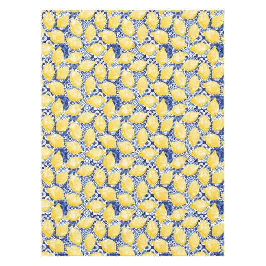 Nappe Citrus citron Aquarelle Bleu Carrelage méditerrané (Devant)