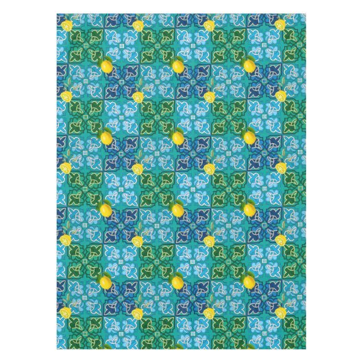 Nappe Citrus, citrons, vert, tuiles bleues, art d'été (Devant)