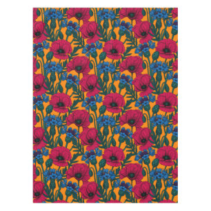 Nappe Coquelicots rouges et fleurs bleues sur orange