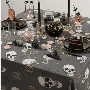 Nappe Crânes gothiques gris foncé et Halloween Rose