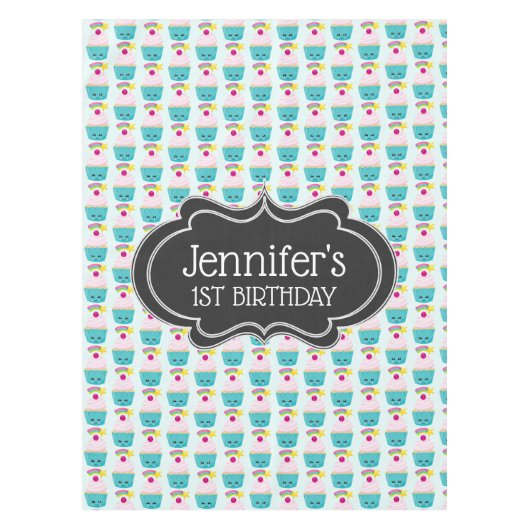 Nappe Cute Blue Cupcake avec Kawaii Face Anniversaire (Devant)
