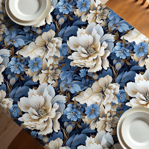 Nappe de table à manger florale bleu blanc ivoire