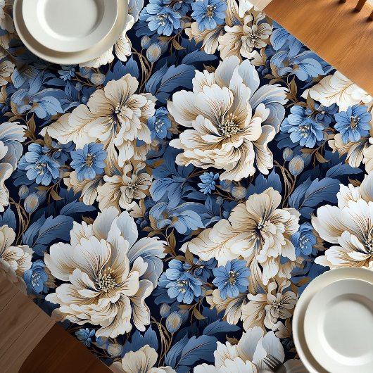 Nappe de table à manger florale bleu blanc ivoire
