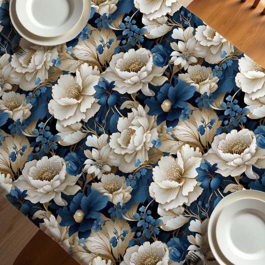 Nappe de table à manger florale bleu ivoire blanc