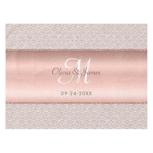 Nappe Élégant Rose Damask or Monogram Mariage (Devant (Horizontal))